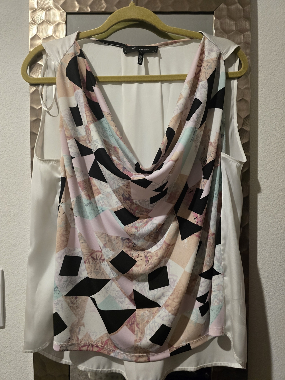 Draped Cowl Neck Women’s Dress with Abstract Print - White